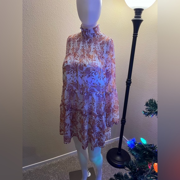 trixxi chiffon dress ivory pink floral mock turtle neck dress junior size M - Picture 3 of 5